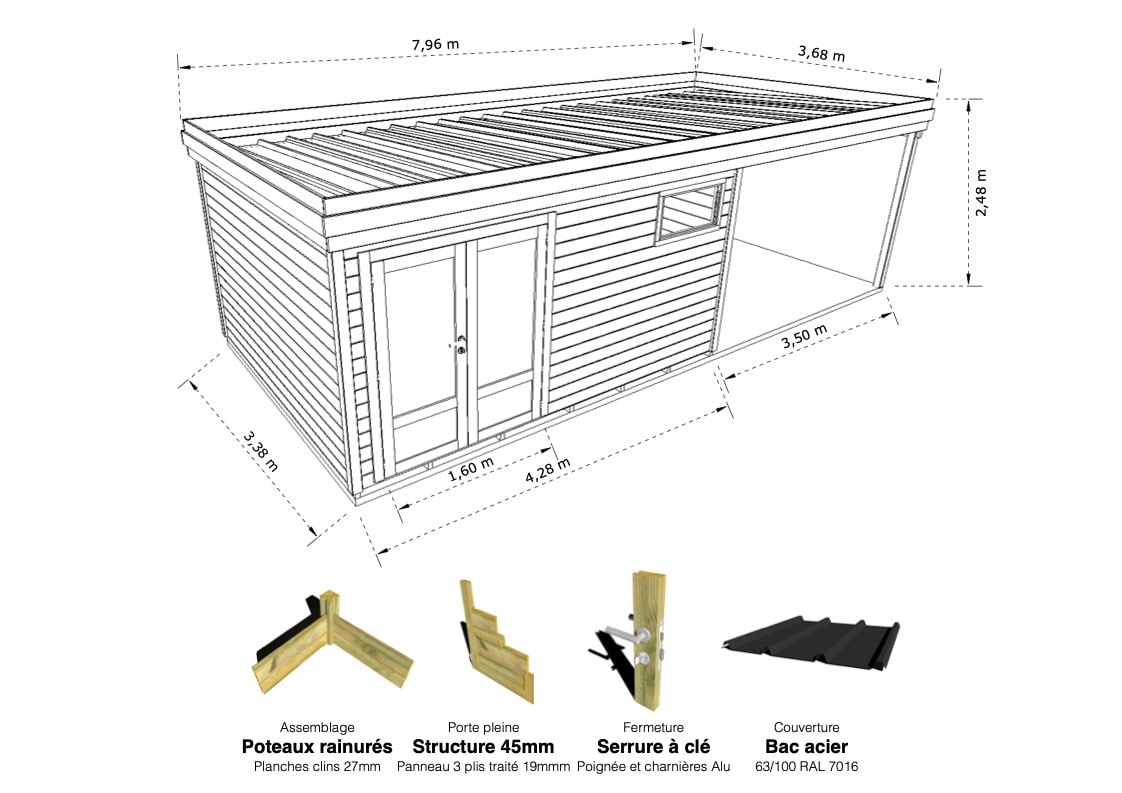 Abri Français Gamme Origine atelier 29,5 m² pin 27 mm