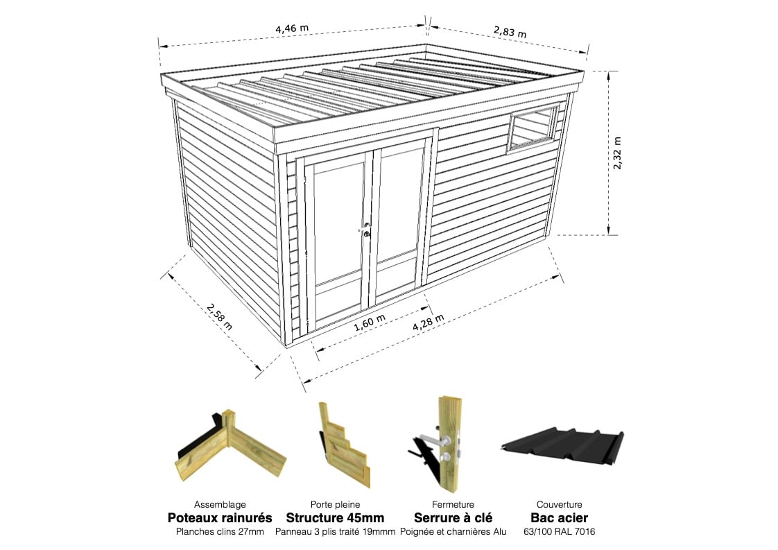 Abri Français Gamme Origine rangement bois 13 m² pin 27 mm