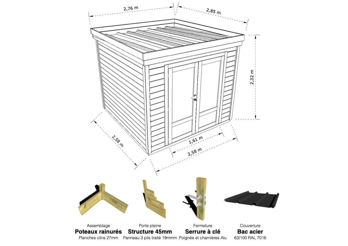Abri Français Gamme Origine local rangement bois 8 m² 2,5x2,5m