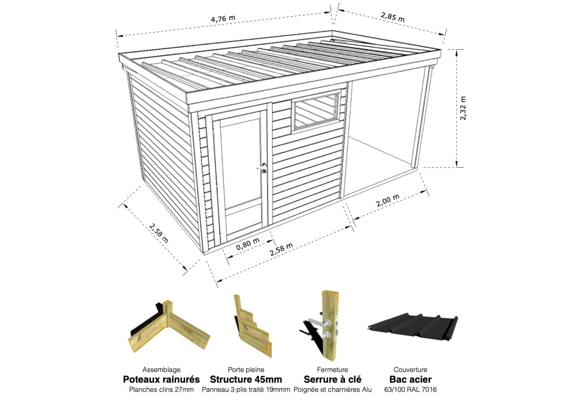 Abri Français Origine rangement jardin 2,5x2,5m 13,9m²