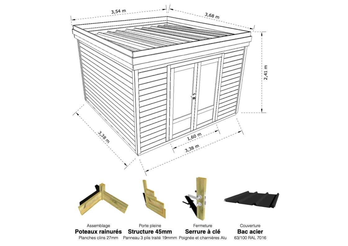 Abri Français Origine 13,2m2 porte pleine abri de jardin pin 27mm