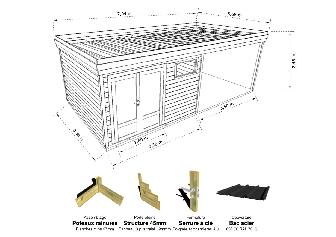 Abri Français Origine atelier jardin 3,3x3,3 m 26,2 m2