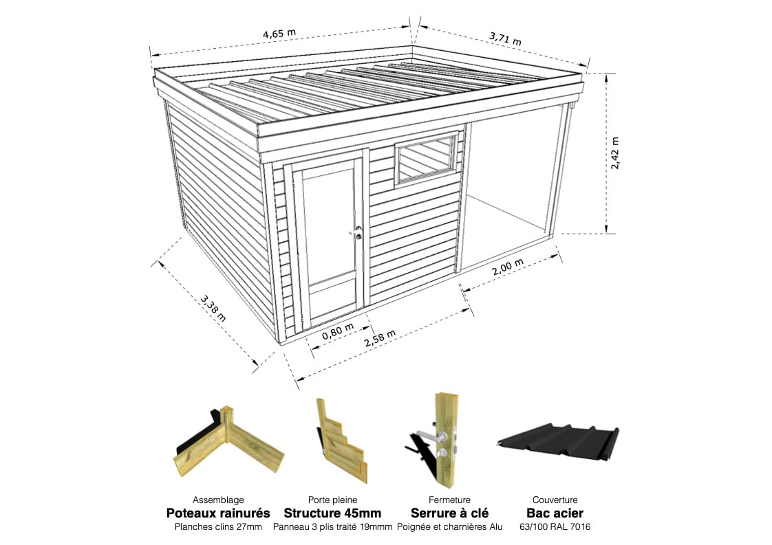 Abri Français Gamme Origine stockage 17,7 m² pin 27 mm