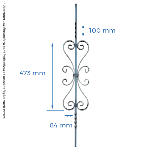 CQFT Barreau Carré 12mm Fer Forgé Volutes 950x180mm