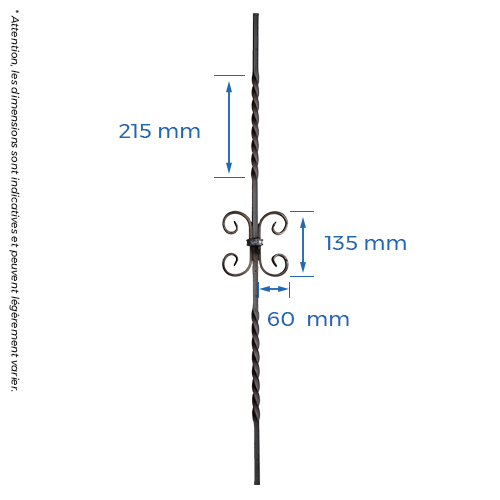 CQFT Barreau carré 12mm avec volutes et double torsades 950x140 fer