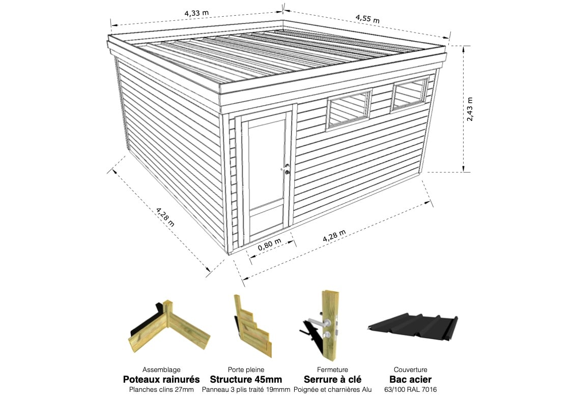 Abri Français Gamme Origine chalet de jardin 20,6 m² pin autoclave