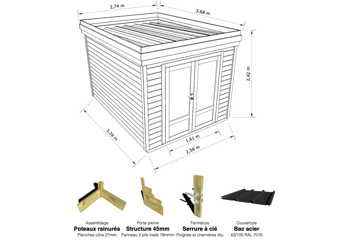 Abri Français Gamme Origine 2,5x3,3m abri de loisir 10,2m2 pin 27mm