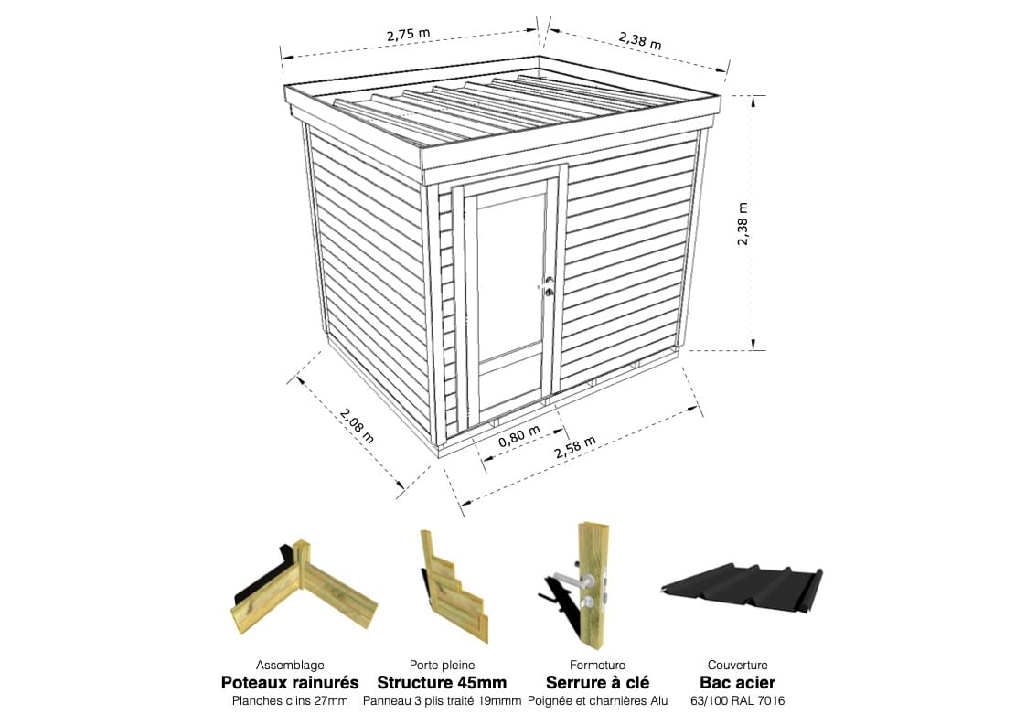 Abri Français Origine Local bois 2,50x2 m 6,7 m2 classe 3