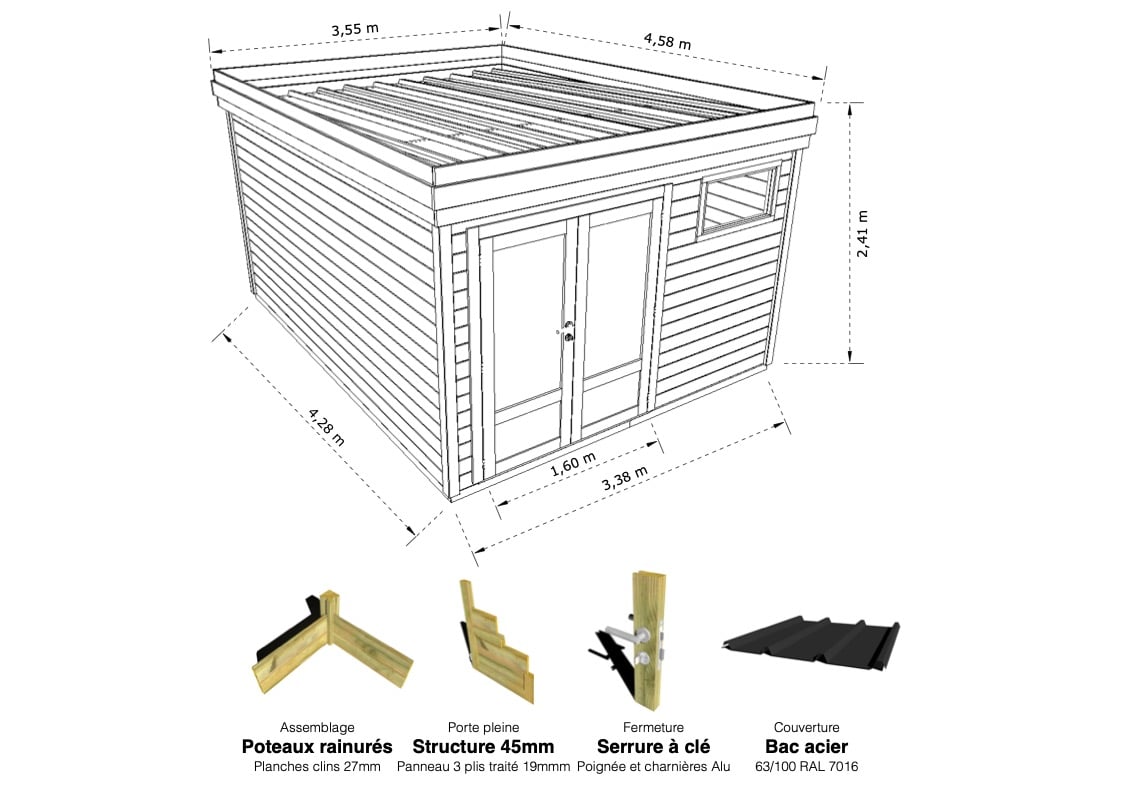 Abri Français Gamme Origine abri jardin porte pleine 16,4 m²